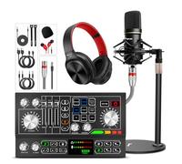 Paquete de equipo de podcast, interfaz de audio, mezclador de DJ, micrófono de podcast, fuente de alimentación Phantom de 48 V para grabación en streaming, Tiktok, color negro