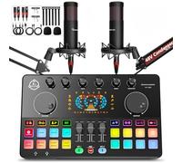 Paquete de equipo de podcast para 2, mezclador de DJ con interfaz de audio con micrófono de condensador XLR de 48 V, cambio de voz, RGB, para transmisión, grabación de podcast, Tiktok, PC, smartphone