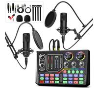 Paquete de equipo de podcast para 2, mezclador de interfaz de audio con micrófono de condensador de 3.5 mm, múltiples efectos de sonido, cambio de voz, perfecto para grabar, cantar, transmitir y jugar