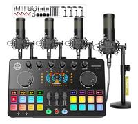 Paquete de equipo de podcast para 4, interfaz de audio con 4 micrófonos dinámicos, 4 soportes de micrófono de escritorio, cambio de voz, RGB, mezclador de DJ para grabación vocal, podcast, transmisión