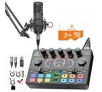 Paquete de equipo de podcast, tarjeta de memoria de +8 GB, mezclador de interfaz de audio con micrófono de condensador de 48 V, grabadora integrada, modo estéreo, cambio de voz para grabación de