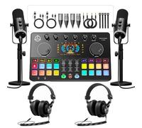 Paquete de equipos de podcast para 2, interfaz de audio con 2 micrófonos dinámicos XLR/USB, 2 soportes de micrófono de escritorio y 2 auriculares, RGB, cambio de voz para grabación vocal, podcast