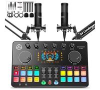 Paquete de equipos de podcast para 2, interfaz de audio con micrófono de condensador, cambio de voz, RGB, fuente de alimentación fantasma de 48 V, mezclador de DJ para transmisión, grabación de