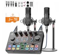 Paquete de equipos de podcast para 2, interfaz de audio con tarjeta de memoria de 8 GB y micrófonos de condensador XLR, estéreo, Denoise, RGB, grabadora integrada, fantasma de 48 V para transmisión