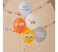 Paquete de globos de cumpleaños, tema de construcción, 5 globos impresos con colas, tractor, excavadora, zona de fiesta, señal de advertencia