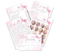 Paquete de juegos de baby shower, bonito tema de lazo rosa, bingo de bebé, predicciones de bebé, quién conoce mejor a mamá, papá o mamá y vientre de cerveza, 5 juegos divertidos para 20 invitados