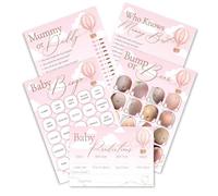 Paquete de juegos de baby shower, tema Up, Up and Away en rosa para bebés, baby bingo, predicciones de bebé, quién conoce mejor a mamá, papá o mamá y vientre de cerveza, 5 juegos divertidos para 20