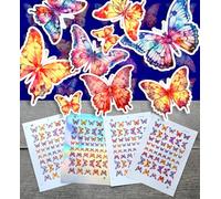 Paquete de pegatinas (más de 150 pegatinas) coloridas y brillantes mariposas veraniegas estilo vintage pequeñas pegatinas de vinilo blanco holográfico transparente