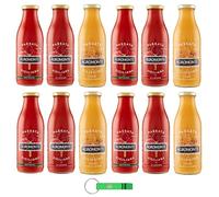 Paquete de prueba Agromonte de puré de tomate con tomates cherry amarillos y Datterino, 12 x 520 g salsa El sabor de Sicilia - 3 tipos diferentes de salsa + llavero Beni Culinari gratuito