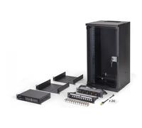 DIGITUS Conjunto de Red de 10 pulg - Armario de Red 12U - 2 bandejas - Regleta - Switch 16 Puertos - Patchpanel 12 Puertos - 12 módulos Keystone - 20 Cables de parcheo - Sin Montar - Soho Pro - Negro