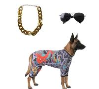 Paquete de ropa para perros de vacaciones que combina mono estampado, tonos de humor callejero, detalle de cadena, poliéster transpirable para reuniones, disfraz de perro, conjunto de vestir para mono