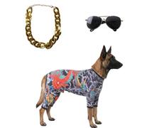 Paquete de ropa para perros de vacaciones que combina mono estampado, tonos de humor callejero, detalle de cadena, poliéster transpirable para reuniones, disfraz de perro, conjunto de vestir para mono