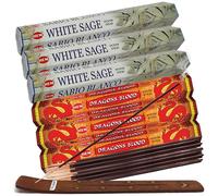 Paquete de varillas de incienso de sangre de drag n y salvia blanca con porta incienso para aromatizar y purificar el hogar.