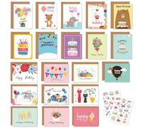 Paquete múltiple de 20 tarjetas de cumpleaños, paquete de 20 tarjetas de cumpleaños para adultos o niños. Pegatinas de cumpleaños variadas y sobres de papel kraft