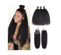 Paquetes con cierre, cabello humano liso y rizado, extensiones de cabello brasileño Remy Yaki, paquetes negros naturales con encaje frontal Quick Weave(4" x 4",28 28 28with20)