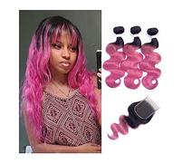 Paquetes de cabello 1B Rose Pink Ombre cabello humano 2/3 mechones con cierre transparente encaje cuerpo onda Remy extensión de la armadura del pelo 10-22 pulgadas MogulHair Extensiones de cabello cor