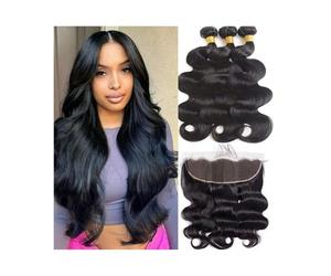 Paquetes de cabello 3 paquetes de cabello humano brasileño sin procesar con ondas corporales y frontal, encaje 13x4 parte libre bebé pre-arrancado(22 24 26 Frontal 18)