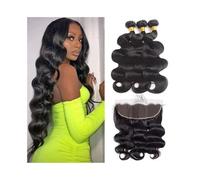 Paquetes de cabello Extensiones de cabello humano brasileño negro natural con ondas corporales 3/4 y frontal encaje HD 13x4(28 28 30 30Closure22)