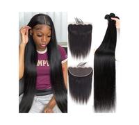 Paquetes de Cabello Extensiones de cabello humano con frontal, 3 mechones, color negro natural, liso, brasileño, Remy, parte libre, encaje suizo frontal de 13x4 Extensiones de Cabello(26 26 26 Closure