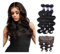 Paquetes de cabello humano 3 mechones de ondas corporales con cierre Frontal de encaje 13x4, cabello humano Remy transparente, extensión de cabello brasileño Remy negro Extensiones de cabello(14 14 14
