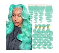 Paquetes de cabello humano Cabello verde claro con ondas corporales, 3 mechones con cierre, 100% brasileño, mechones de cabello humano con cierre Frontal Extensiones de cabello(13" x 4",24 26 28 with