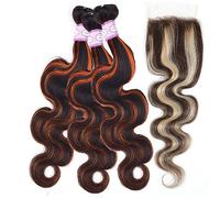 Paquetes de cabello humano Cuerpo Ondulado Naranja Cabello Humano Armadura 3 Paquetes con Cierre y Frontal Destacado Rubio Frontal de Encaje con Paquetes Cabello Humano Remy Extensiones de cabello(4"