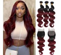 Paquetes de cabello humano, Extensiones de cabello humano brasileño 99J con cierre encaje 4x4 - Remy ondas corporales 3/4(14inch)