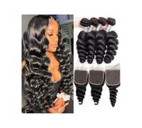 Paquetes de cabello humano, Extensiones de cabello humano brasileño ondulado suelto 8 a 30 pulgadas con cierre, tejido negro, Remy rizado(28inch)