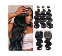 Paquetes de cabello humano Extensiones de cabello humano con ondas corporales y cierre 4x4, trama doble, línea de cabello natural, Remy, con cierre de encaje. Extensiones de cabello(24 24 24 Closure 2