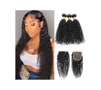 Paquetes de cabello humano, Extensiones de cabello humano Remy con cierre, tejido rizado y sin trama(22inch)