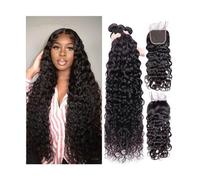 Paquetes de cabello humano Onda de agua 3 4 mechones con cierre, cabello humano brasileño ondulado, mechones de tejido rizado con extensión Frontal de cabello Remy de Color Natural Extensiones de cabe