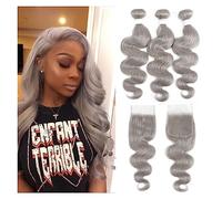 Paquetes de cabello humano Paquete de ondas corporales con cierre Color gris plateado 3 paquetes con cierre Paquetes de cabello humano Remy brasileño gris 100% Extensiones de cabello(10 12 14+8Closure