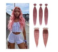 Paquetes de cabello humano Paquetes con cierre Paquetes de cabello humano rosa recto con cierre 3 paquetes de tejido de cabello brasileño rápido Paquetes de tejido de cabello(8 8 8+8Closure)