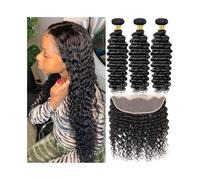 Paquetes de cabello humano Paquetes de cabello brasileño con ondas profundas y frontal, 3 paquetes encaje 13x4, extensión humano Remy rizado profundo Extensiones de cabello(32 32 32 Closure 22)