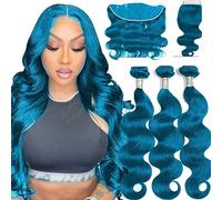 Paquetes de cabello humano Paquetes de cabello humano con cierre Cabello Remy peruano Onda azul del cuerpo 3 paquetes Extensiones de tejido de cabello humano Extensiones de cabello(13" x 4",24 24 24 a