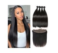 Paquetes de cabello humano Paquetes de cabello humano virgen brasileño, liso y sedoso, con encaje frontal de 13x4 Paquetes de tejido de cabello(18 18 20 with 16)