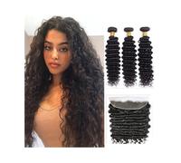 Paquetes de cabello humano Paquetes de ondas rizadas profundas con cierre frontal, cabello humano brasileño, completo y grueso, 3 paquetes con encaje frontal de 13x4 Paquetes de tejido de cabello(18 2