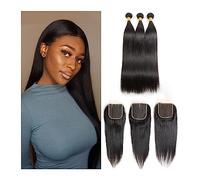 Paquetes de cabello humano Paquetes rectos de grado 10A con cierre Remy Cabello humano de 10-34 pulgadas 3 paquetes con cierre Paquetes de cabello brasileño con cierre, negro natural Extensiones de ca