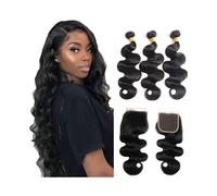 Paquetes de cabello Paquetes de cabello humano con cierre, tejido Remy brasileño ondulado, 3 paquetes encaje suizo 4x4, color natural(14 14 14 Closure12)