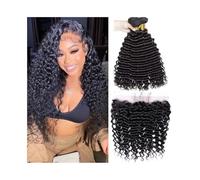 Paquetes de cabello Paquetes de cabello humano onda profunda con frontal 13×4, virgen brasileño ondulado y rizado, 3 paquetes encaje transparente(24 26 28 Closure 20)