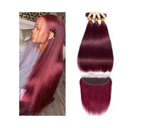 Paquetes de cabello Paquetes de cabello lacio con trama doble frontal Tejidos humano brasileño 3 4 paquetes encaje HD 13x4 99j Borgoña(22 24 26 Closure 18)
