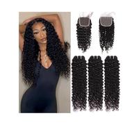 Paquetes de cabello Paquetes de cabello ondas profundas con cierre encaje 4x4, 3 piezas trama y 1 pieza, paquetes brasileño rizado profundo, extensiones Remy(12 12 12 with 10)