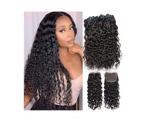 Paquetes de cabello Paquetes de ondas agua Malasia con cierre 4x4 tejido cabello humano Ondulado libre Remy rizado 3 encaje suizo(24 24 24+Closure20)