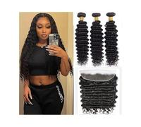 Paquetes de Cabello Paquetes de ondas profundas con frontal for mujeres negras, cabello virgen brasileño natural de doble trama, paquete de 3 ondas con parte libre, encaje frontal de 13x4 Extensiones