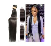 Paquetes de Cabello Paquetes rectos de hueso con cierre Extensión de tejido de cabello humano Paquetes de cabello Remy brasileño recto de color natural con frontal for mujeres negras Extensiones de Ca