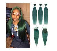 Paquetes de cabello Paquetes Remy con cierre de cabello humano recto verde 3 paquetes ondulado brasileño(20 20 20+18Closure)