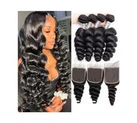Paquetes de onda suelta de 10-40 pulgadas con cierre Extensiones de cabello Remy rizado de onda negra natural de tejido de cabello humano brasileño con encaje frontal(4" x 4",22 24 26with20)