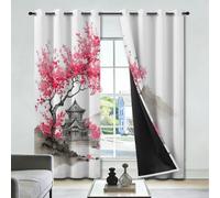 Par de cortinas opacas con aislamiento térmico y ojales, color blanco | Cortinas decorativas para oscurecer la habitación de Cherry Blossom Temple Mountain, 46 x 54 pulgadas (ancho x largo)