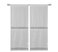 Par de cortinas tipo panel art lille de tejido blanco similar al lino de poliéster con volante de encaje de macramé central y final, con trabilla única apta para ventanas y puertas francesas, medidas