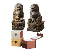Par de estatuas de perros Foo de piedra real - Escultura de leones de Beijing con león de perros Fu, protege contra la energía maligna con un auténtico regalo de felicitación(Brown,11.5cm)